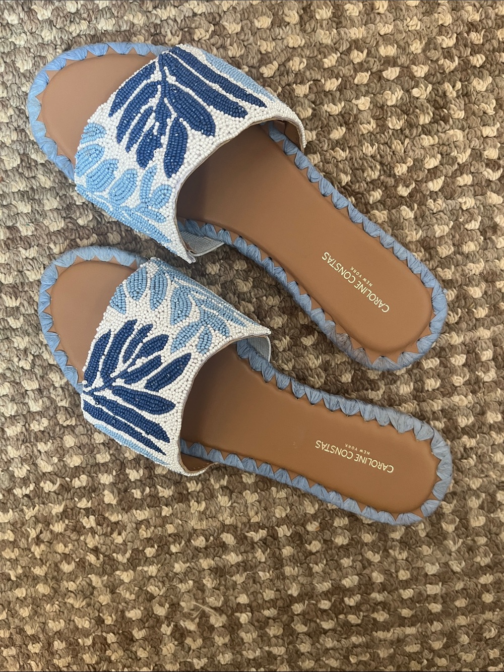 Blue Beaded  8 1/2 Slide Sandals with Leaf Motif by Carolina Costas - Picture 9 of 11